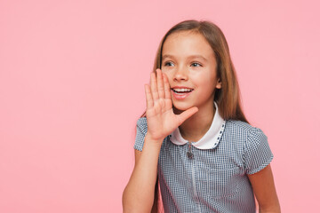 Young smart caucasian schoolgirl preteen teenage girl daughter in dress talking gossips rumors...
