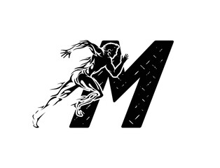Athletics. Running man. Sport logo with letter M