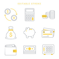 A set of line money icons. Set of financial icons of the bank, editable stroke