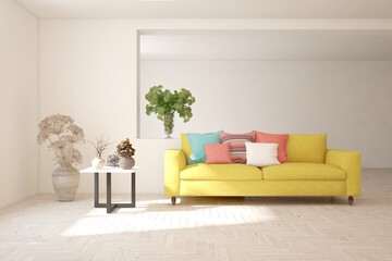 Modern living room in white color with sofa. Scandinavian interior design. 3D illustration
