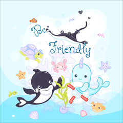 Cute cartoon vector clip art set of marine animals isolated on a blue waves background for kids bed set
