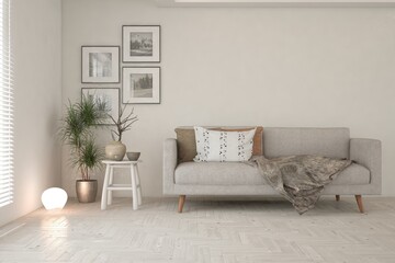 White living room with sofa. Scandinavian interior design. 3D illustration