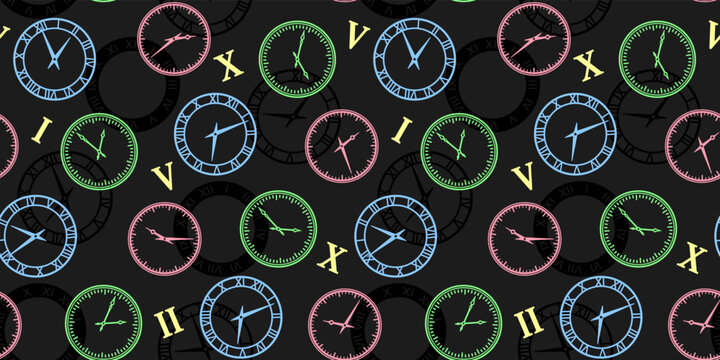 Colorful clocks and Roman numerals on a black background with watch dials. Endless texture with vintage watches. Time concept. Vector seamless pattern for surface texture, wrapping paper and packaging