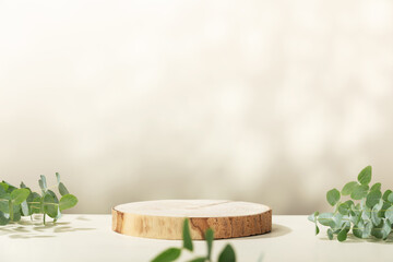 Wood slice podium with eucalyptus leaves on beige background for cosmetic product mockup