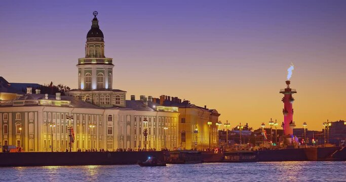 4k, panoramic view of the Kunstkamera museum, Rostral column, Neva river, St. Petersburg, Russia