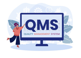 QMS - Quality Management System acronym. Business concept background. Vector illustration with keywords and icons. lettering illustration with icons for banner, flyer, landing page - obrazy, fototapety, plakaty