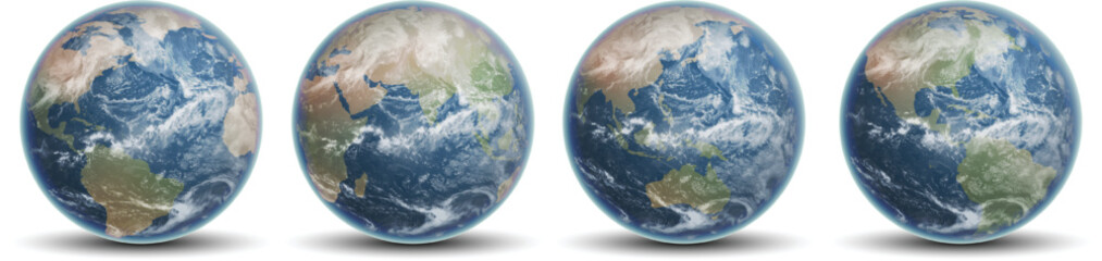 Set of earth globes. Four of blue planets Earth. Highly realistic illustration.