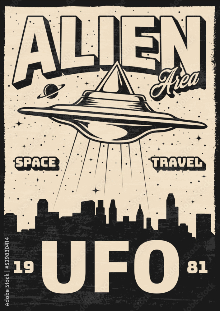 Sticker Alien UFO flyer monochrome vintage