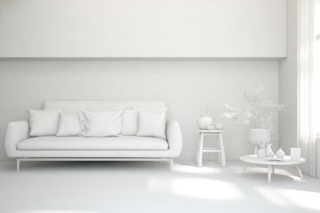 Mock up of minimalist living room in white color with sofa. Scandinavian interior design. 3D illustration
