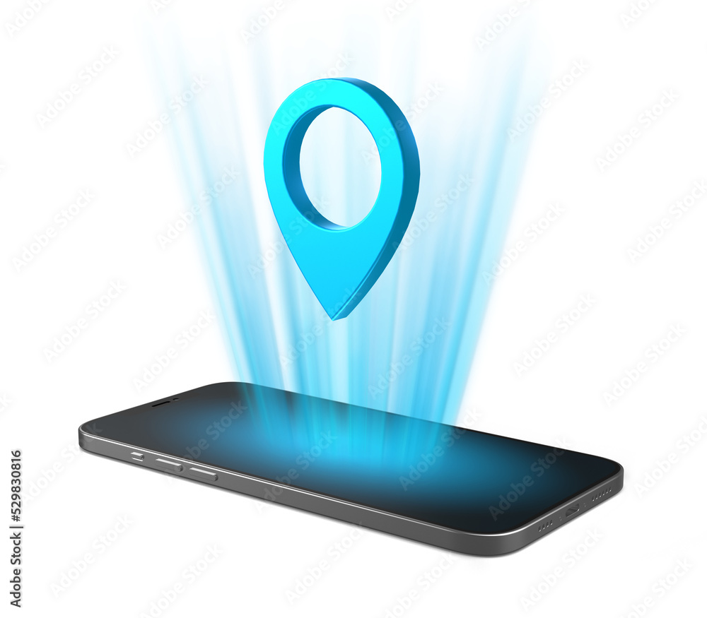 Poster smartphone that projects location icon from the screen. phone with location symbol on isolated backg