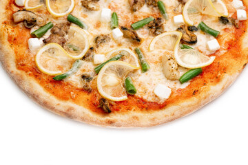 Pizza Close Up with seafood mussels, green beans, lemon, cut feta cheese isolated on white background. Copyspace. Top view
