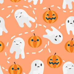 Halloween seamless pattern background, ghost, pumpkins. Vector illustration for design, fabric or wrapping paper.