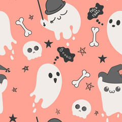 Halloween seamless pattern background.Background with skulls, ghosts, bones. Vector illustration for design, fabric or wrapping paper.