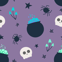 Halloween seamless pattern background.Background with skulls, spiders, bones, cobwebs.Vector illustration for design, fabric or wrapping paper.