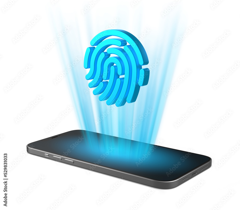 Poster smartphone that projects fingerprint icon from the screen. phone with fingerprint symbol on isolated