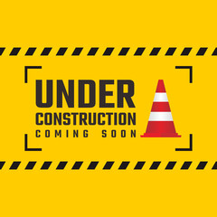 Under construction illustration with safety cone and barricade area.