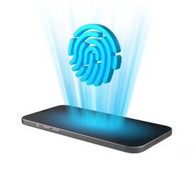 Smartphone that projects fingerprint icon from the screen. Phone with fingerprint symbol on isolated background. 3D Rendering.