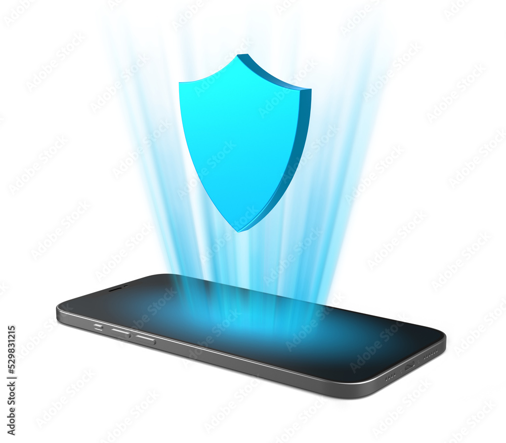 Poster smartphone that projects shield icon from the screen. phone with shield symbol on isolated backgroun