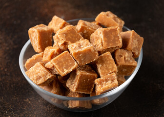 Home made All butter caramel fudge in glass bowl