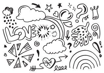 Hand drawn doodle design elements, love, cloud, swoops, emphasis, Arrow, crown, line, hill. doodle sketch design elements.