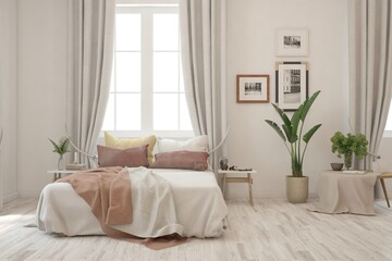 Stylish bedroom in white color. Scandinavian interior design. 3D illustration