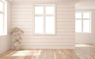 White empty room with modern vase. Scandinavian interior design. 3D illustration