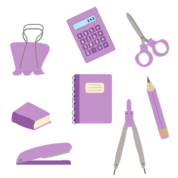 set of stationery in purple color in flat style. Scissors, stapler, calculator, books,pencil, binder