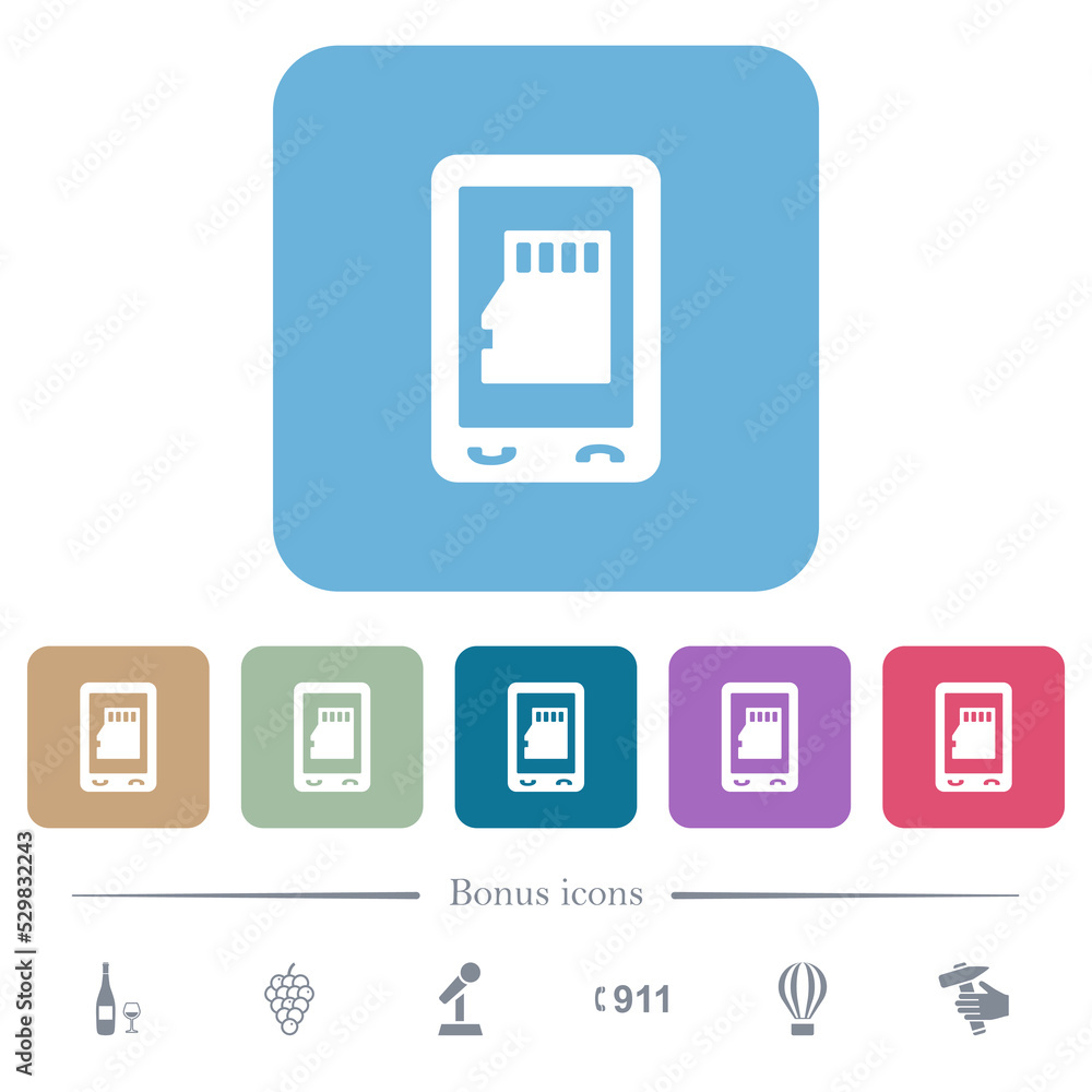 Poster mobile memory card flat icons on color rounded square backgrounds