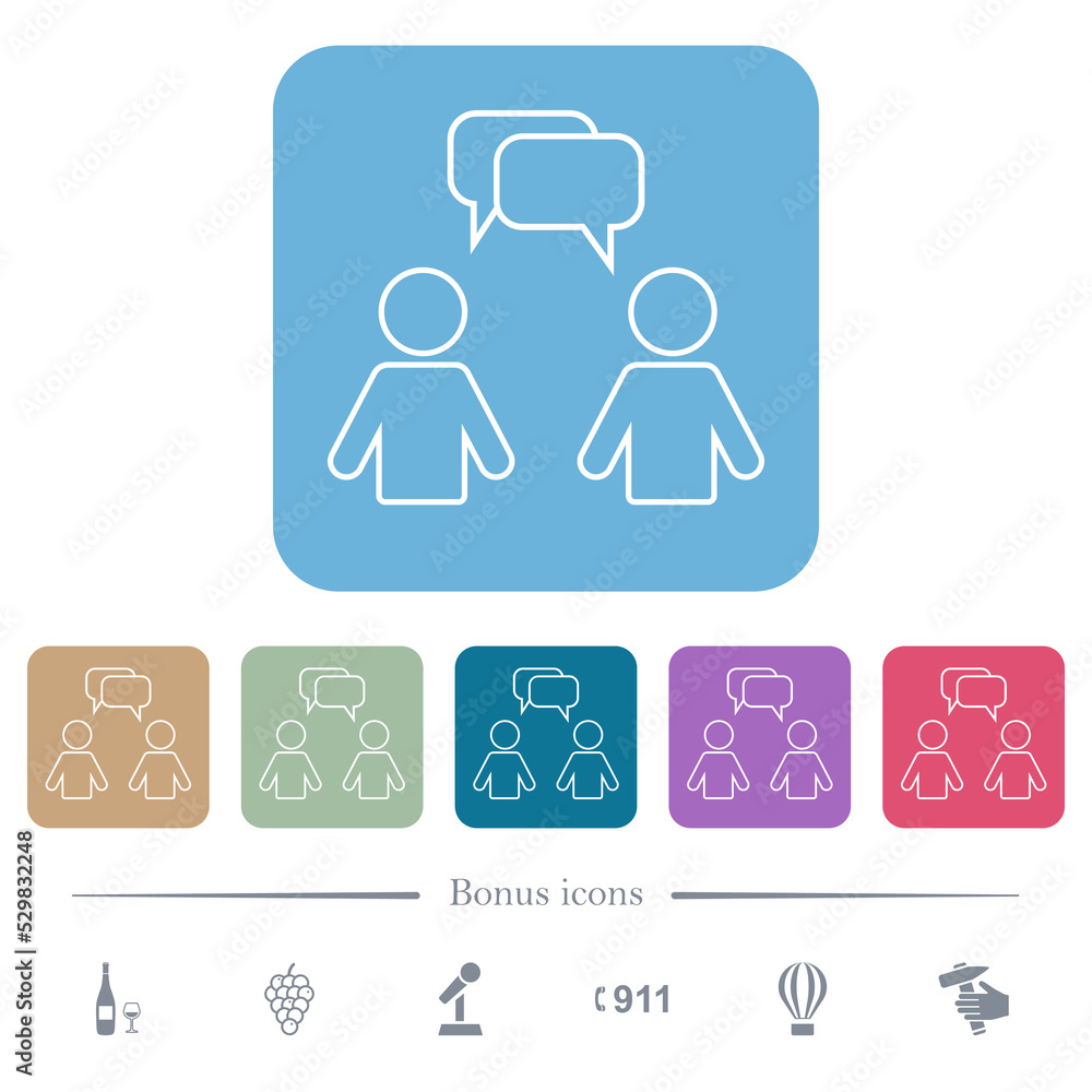 Aufkleber Two talking persons with rounded square bubbles outline flat icons on color rounded square backgrounds