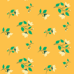 Seamless pattern, decorative art floral print with small flowers branches in an abstract composition on a yellow background. Pretty botanical surface design with blooming twigs, leaves. Vector.