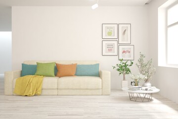 Stylish room in white color with sofa. Scandinavian interior design. 3D illustration