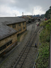 high view of the railway and train station with unknown white flowers around and a bird on gloomy sky