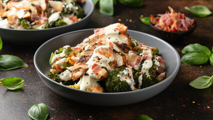 Baked chicken, broccoli with creamy cheese sauce and bacon
