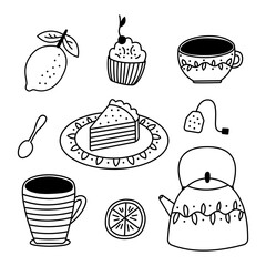 Kitchen linear doodle set. Tea party cartoon elements teapot, cups, lemon, dessert, spoon, tea bag. Cute line set on a white background. Hand drawn vector illustration.