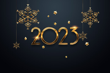 Fototapeta na wymiar Happy new year, golden numbers 2023 on a dark background. Holiday card, magazine style, banner, website header, web poster, template for advertising, poster. 3D illustration, 3D render.