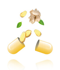 Ginger capsule with ginger rhizome isolated on white background.