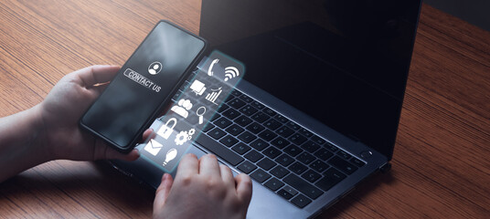 Banner of woman searching on smartphone for customer support with VR screen. Technology internet. Call center and customer service. Contact us.