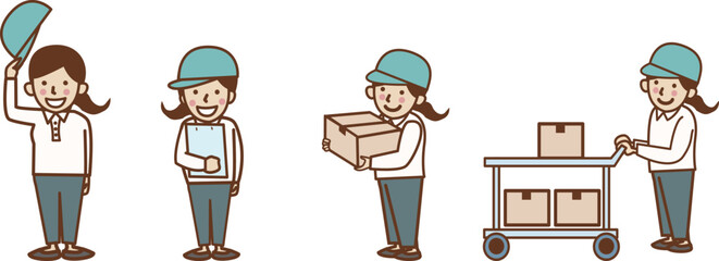 働く作業員の女性のセットイラスト。挨拶、荷物を運ぶ。