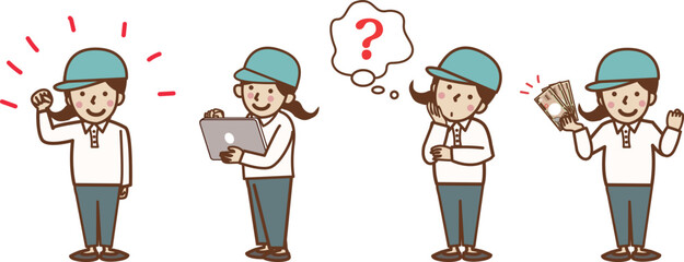 働く作業員の女性のセットイラスト。ガッツポーズ、タブレットを持つ、考える、現金を持つ。