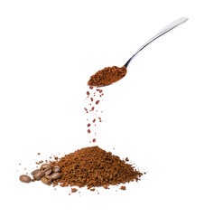 Pouring instant coffee or coffe powder from stainless teaspoon isolated on white background.