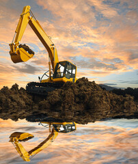 Crawler excavator is digging with lift up in the construction site  ,water reflection shadow  on sky background © chaphot
