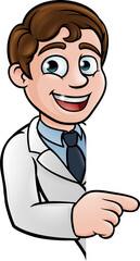 Scientist Cartoon Character Pointing at Sign