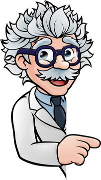 Scientist Cartoon Character Pointing Sign