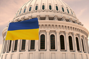 Beautiful flag of Ukraine waving with the strong wind and behind it the dome of the Capitol USA 3D...