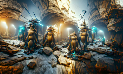 Four monsters in front of the cave