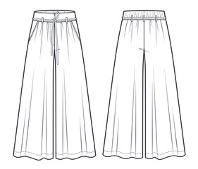 Palazzo Pants fashion flat technical drawing template. Women's Flared Palazzo Pants technical fashion Illustration, with belt, elastic waistband, medium waist, front and back view, white, CAD mockup.