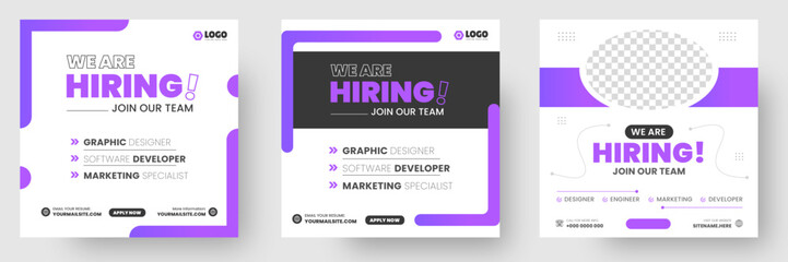 We are hiring job vacancy social media post banner design template with purple color. We are hiring job vacancy square web banner design. - obrazy, fototapety, plakaty