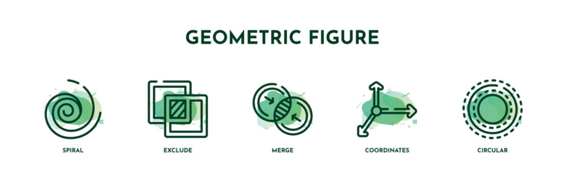 set of 5 thin line geometric figure icons. outline icons including spiral, exclude, merge, coordinates, circular vector. can be used web and mobile.