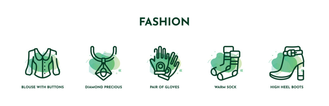 set of 5 thin line fashion icons. outline icons including blouse with buttons, diamond precious stone, pair of gloves, warm sock, high heel boots vector. can be used web and mobile.
