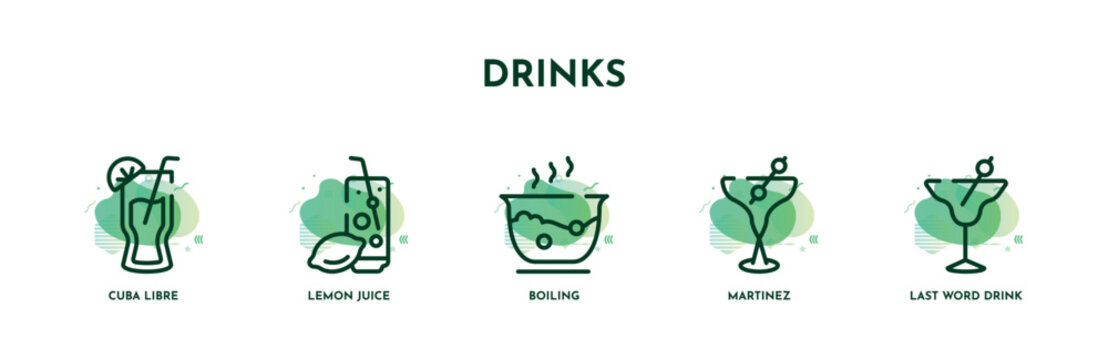 set of 5 thin line drinks icons. outline icons including cuba libre, lemon juice, boiling, martinez, last word drink vector. can be used web and mobile.